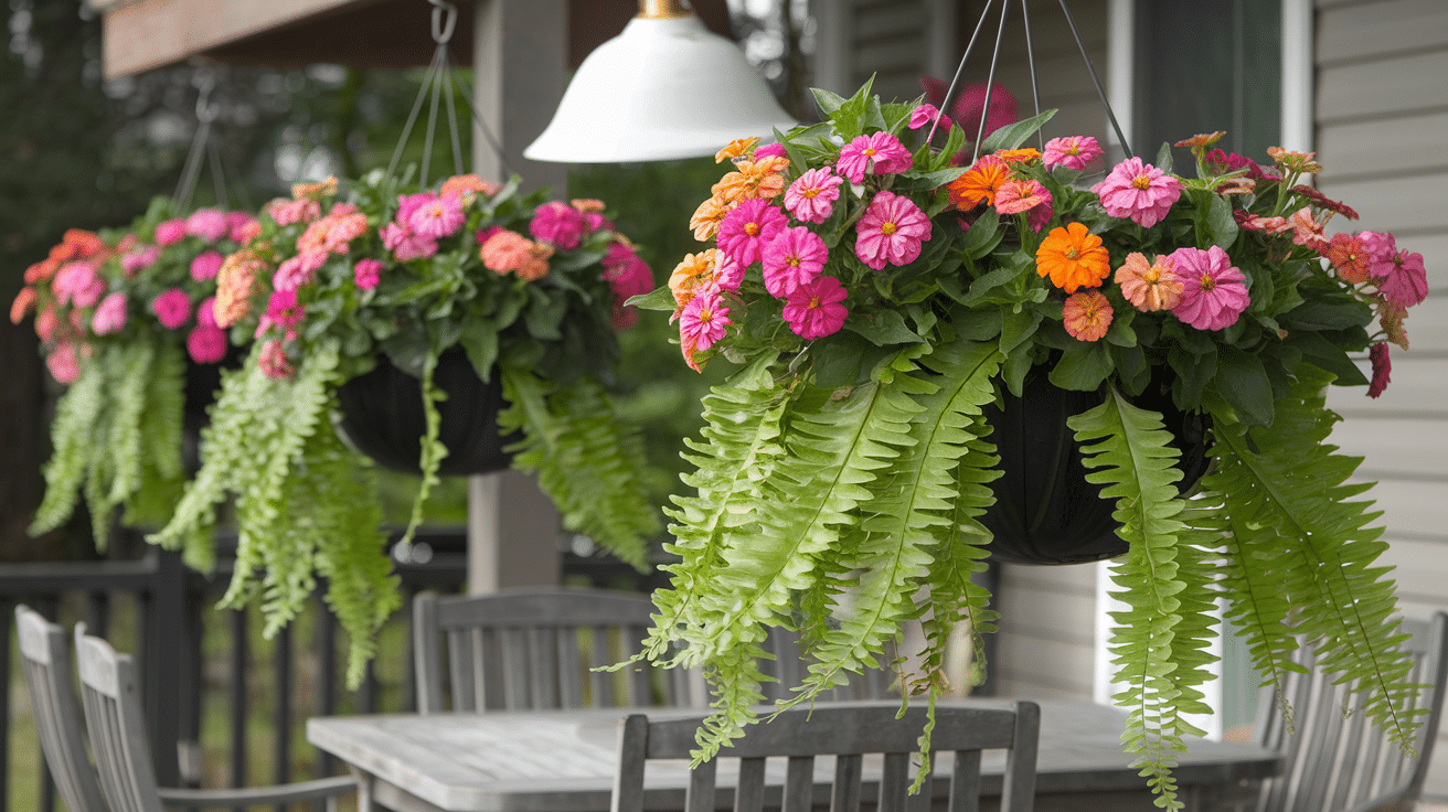Zinnia_Hanging_Baskets_with_Ferns