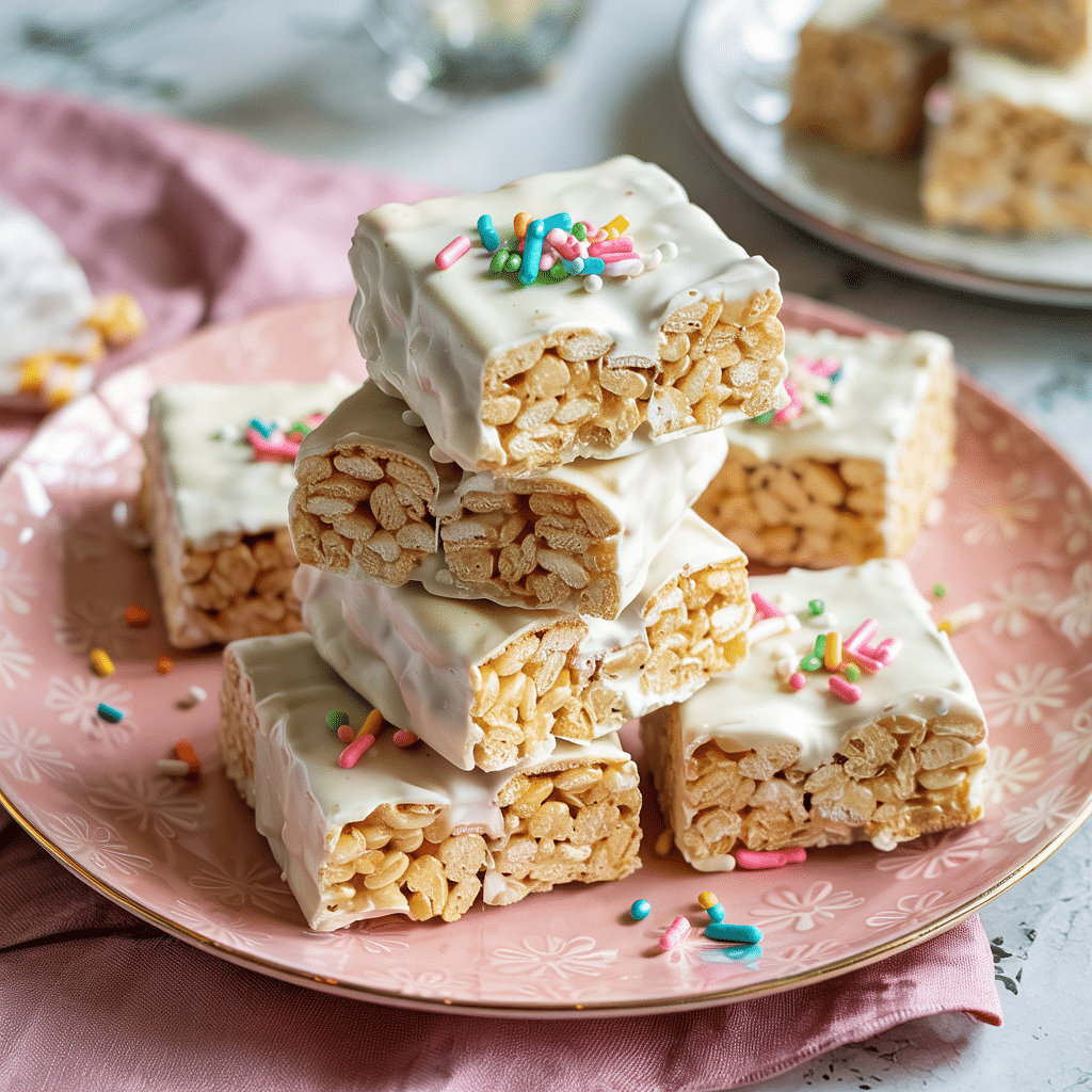white chocolate dipped rice krispie treats
