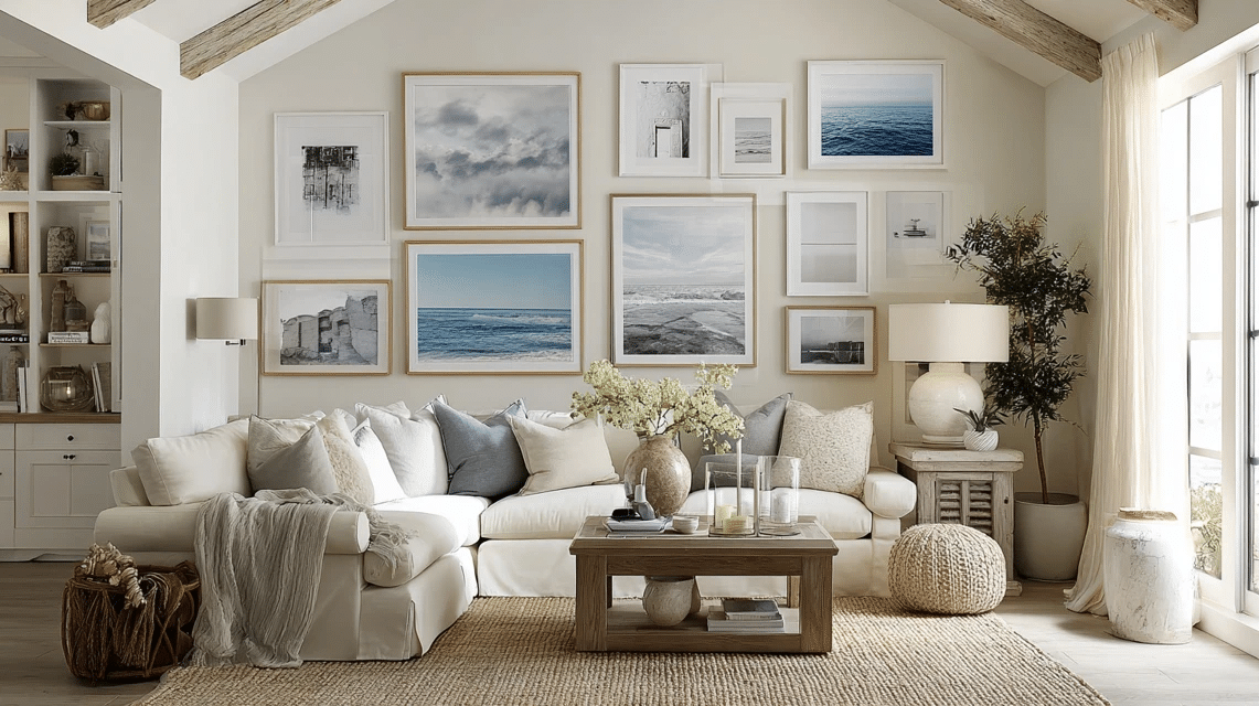 Coastal Gallery Wall with White and Natural Frames