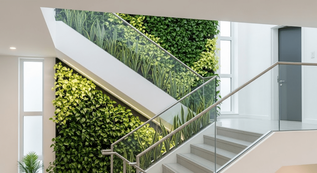Green Staircase with Living Plant Wall