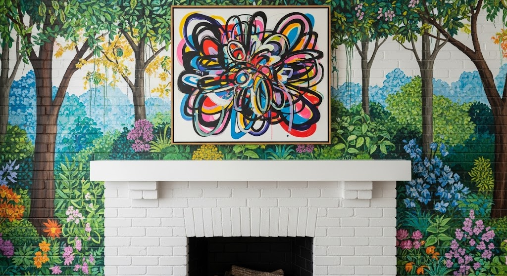 Mural Behind a White Brick Fireplace