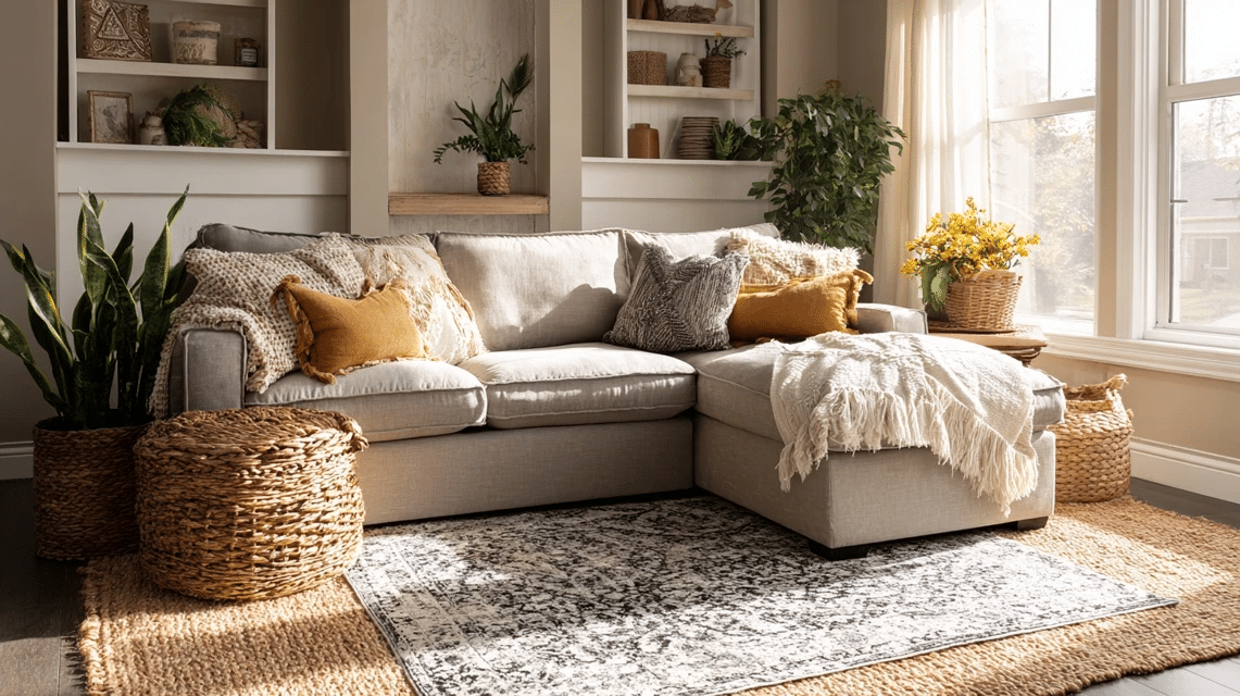 Natural Jute Rugs Layered Under Smaller Accent Rugs