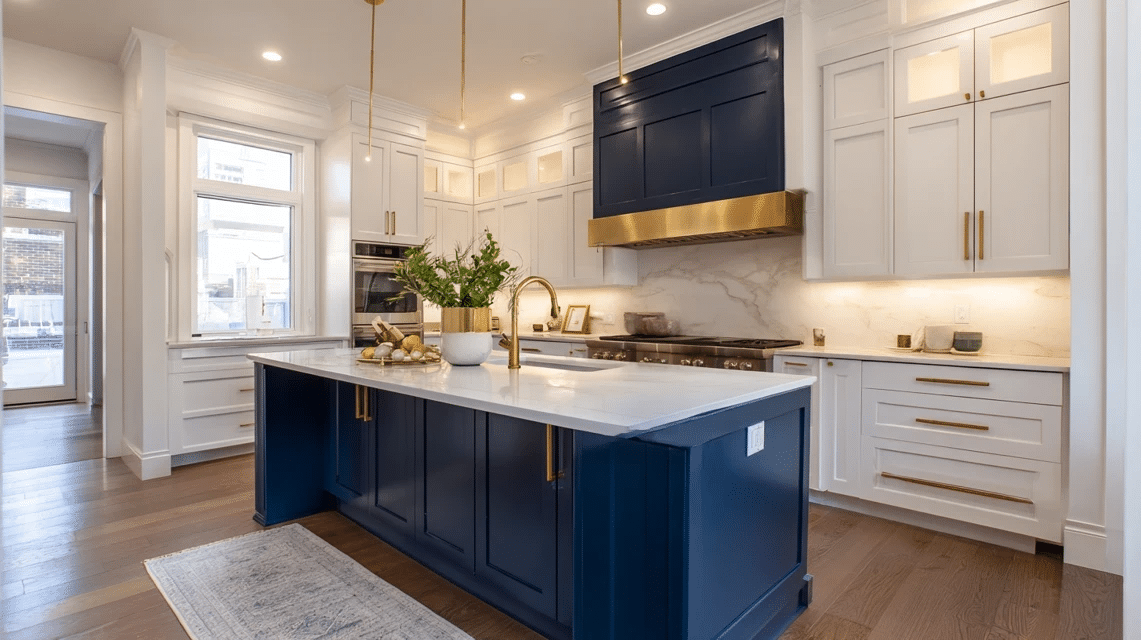 Navy Blue Kitchen Island with Brass Hardware