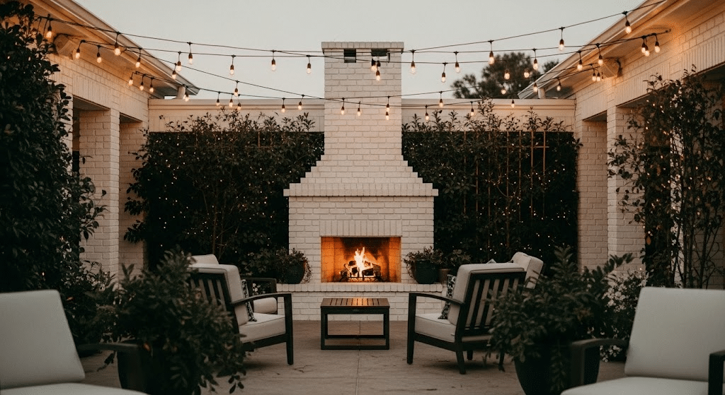 Outdoor White Brick Fireplace