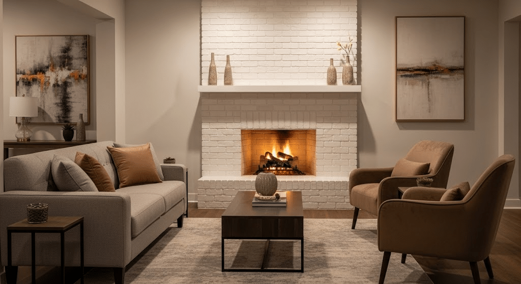 Seating Arrangement Next to a White Brick Fireplace