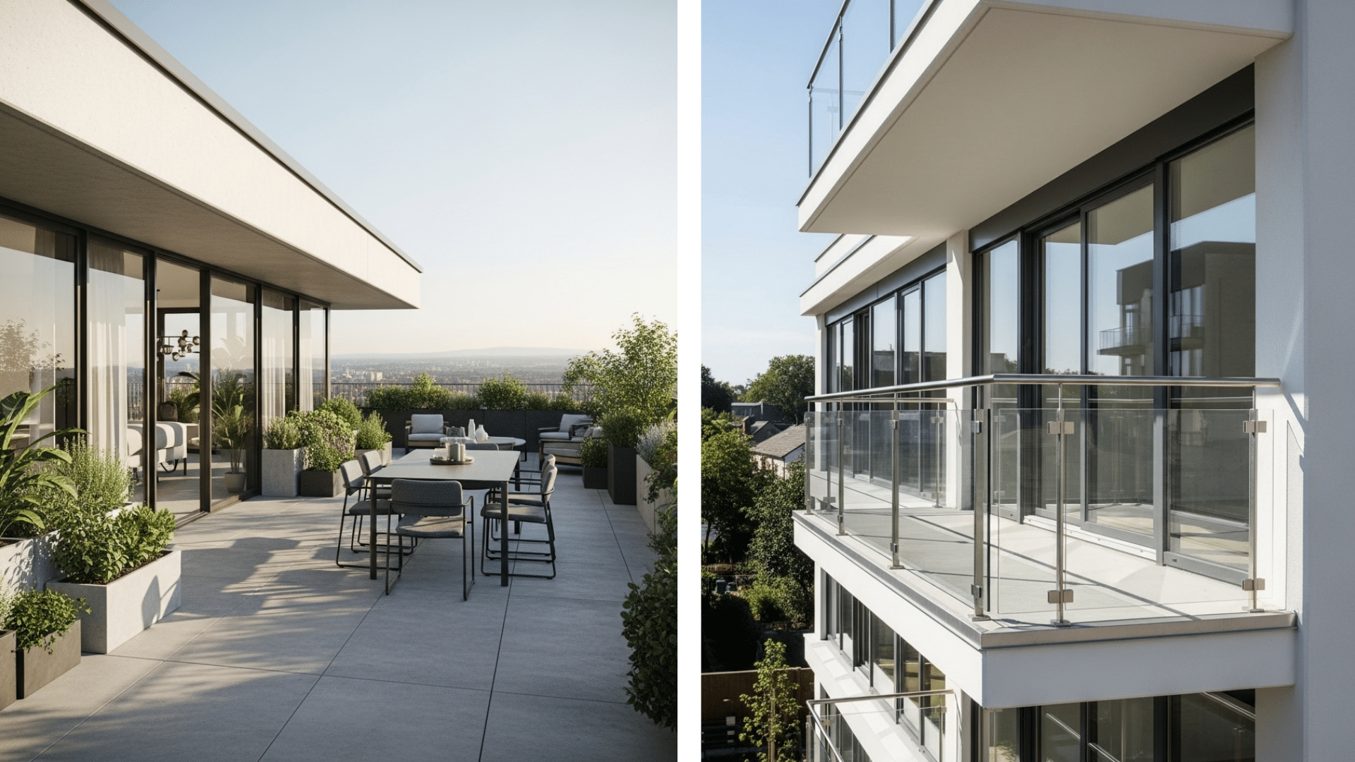 Terrace vs balcony comparison showing a spacious outdoor dining terrace beside a smaller elevated balcony with glass railings.
