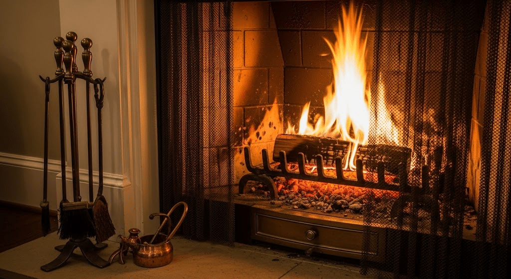 White Fireplace with Metal Accents