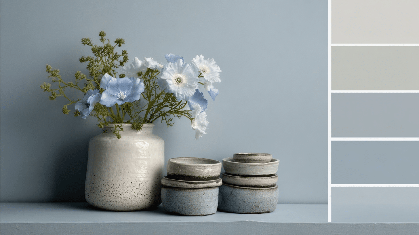 White and pale blue flowers in a ceramic vase beside stacked pottery on a blue wall.