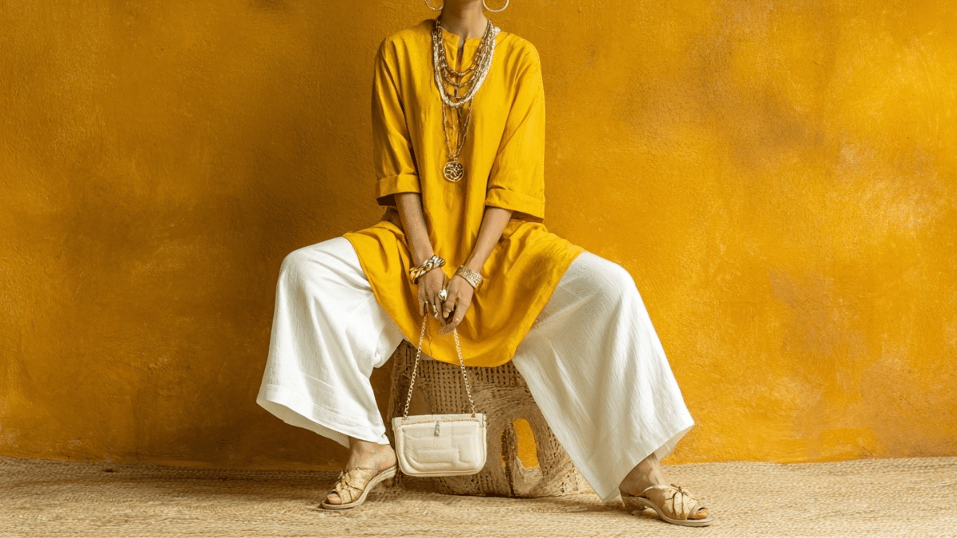 10. Honey Yellow Tunic with White Wide-Leg Pants