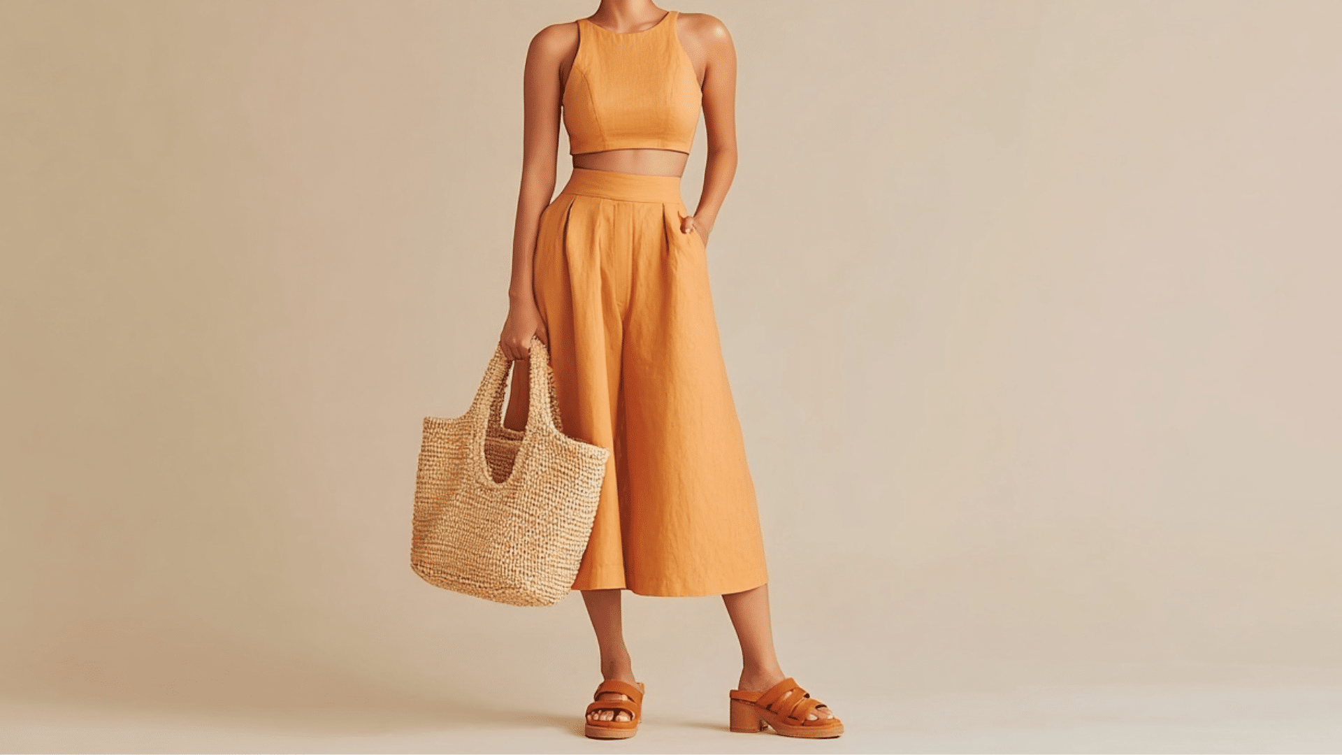 12. Warm Beige Co-ord Set with Terracotta Sandals
