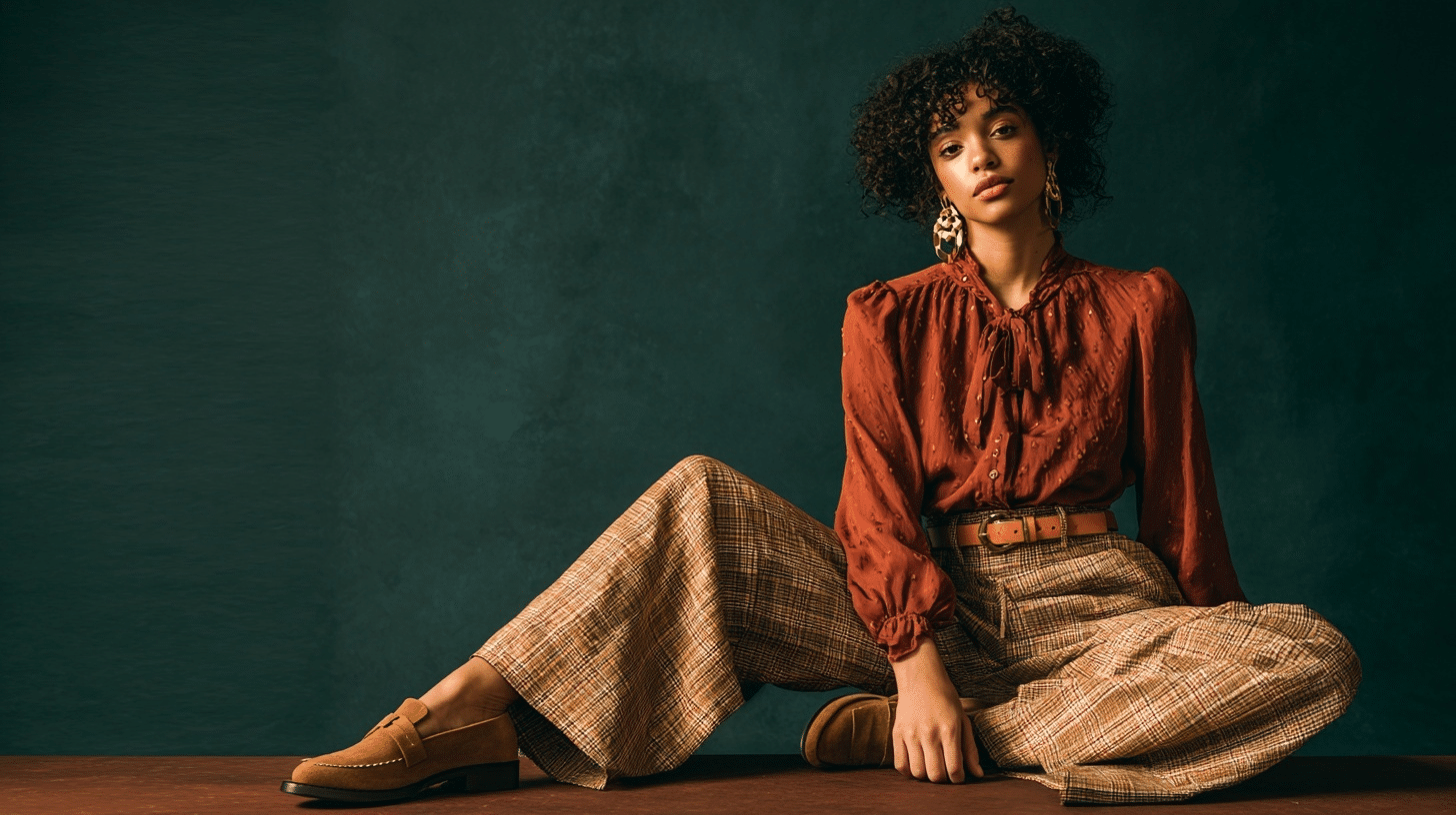 13. Brick Red Blouse with Amber Plaid Pants
