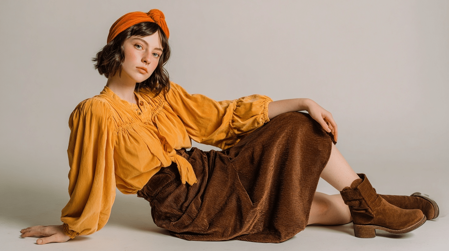 3. Mustard Yellow Blouse with Brown Corduroy Skirt