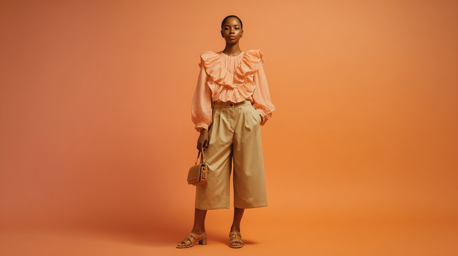 8. Peach Ruffle Top with Khaki Culottes
