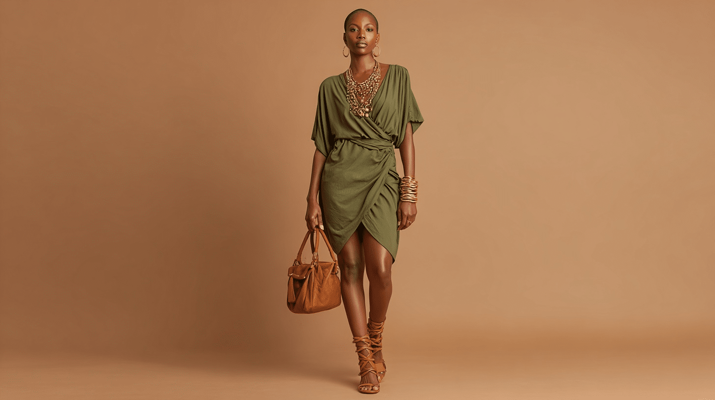 Olive Green Wrap Dress with Tan Sandals