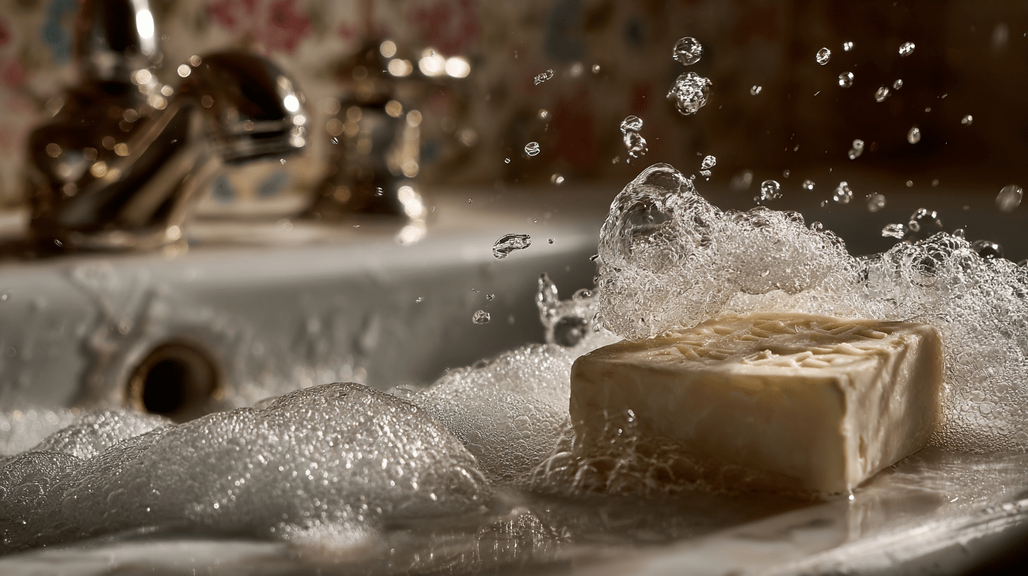a bar of soap sits in a bubbly sink with water splashing over it