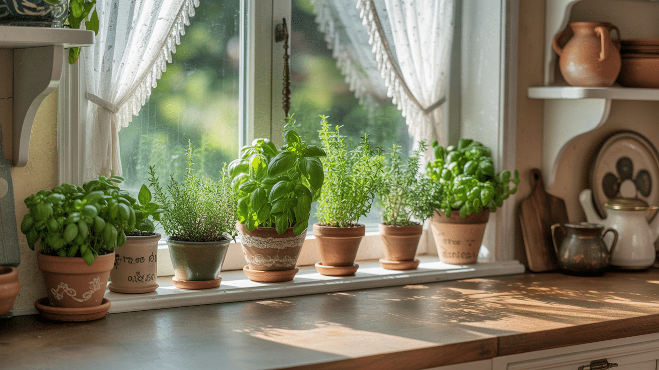 mini herb garden on windowsill