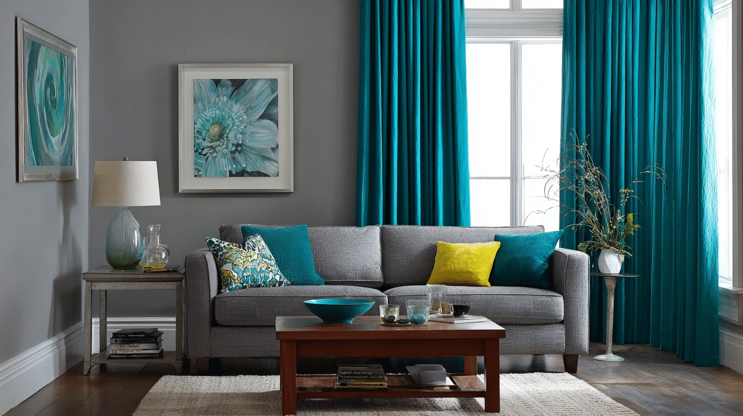 teal curtains