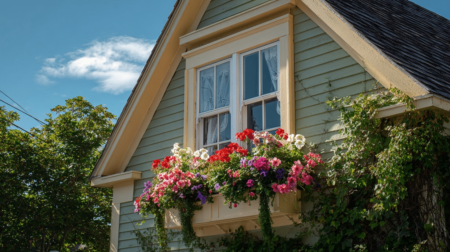 2 dormer windows with window boxes
