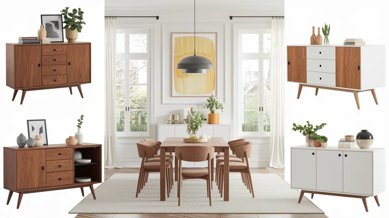 Different sideboard styles in a dining room setup with decor ideas and modern furniture layout