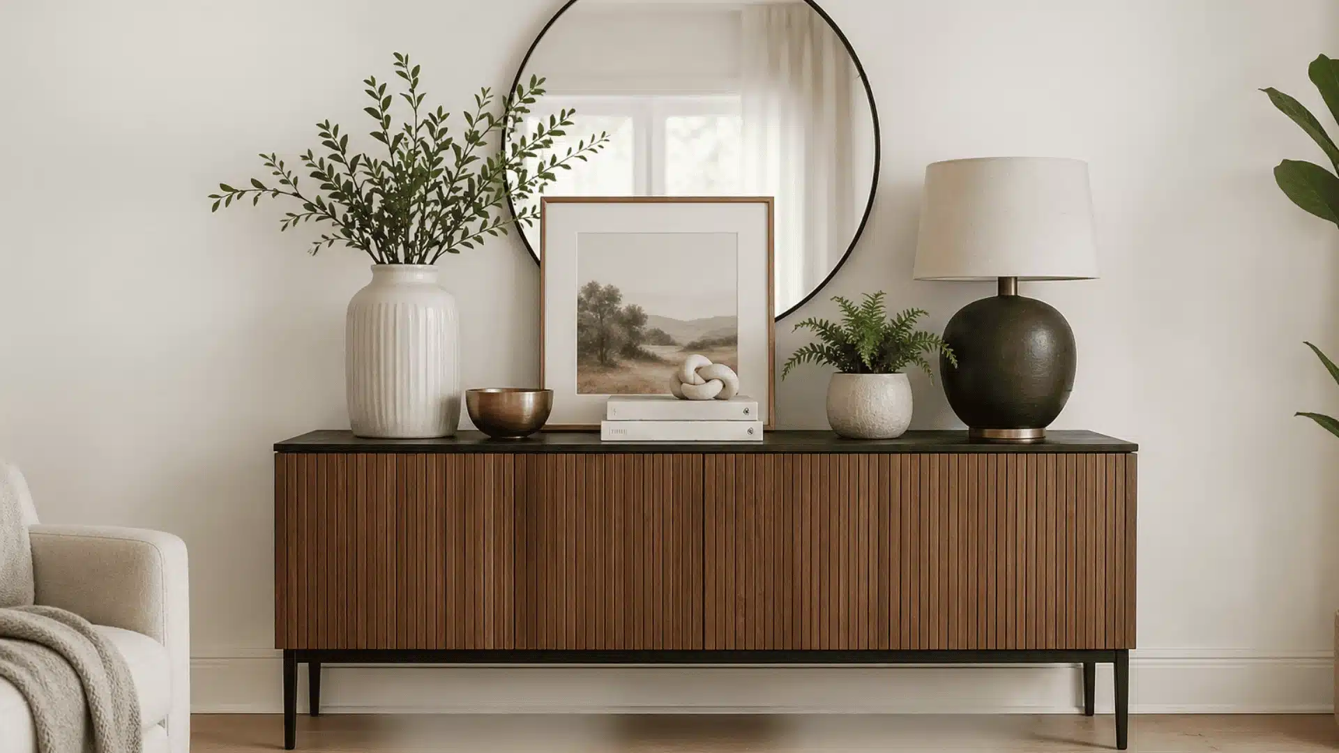 Modern sideboard styled with mirror, plants, decor, and labeled tips for balanced display
