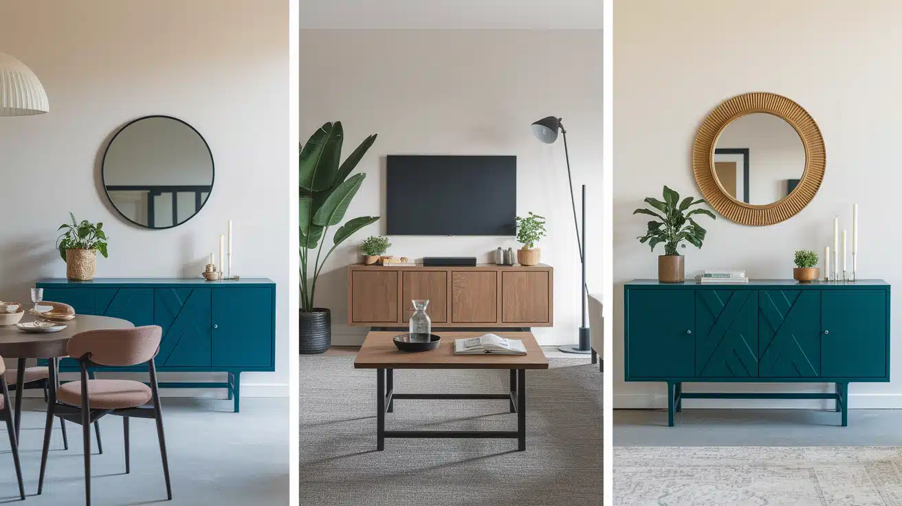 Three styled sideboards with mirrors, plants, and decor showing modern balanced arrangements