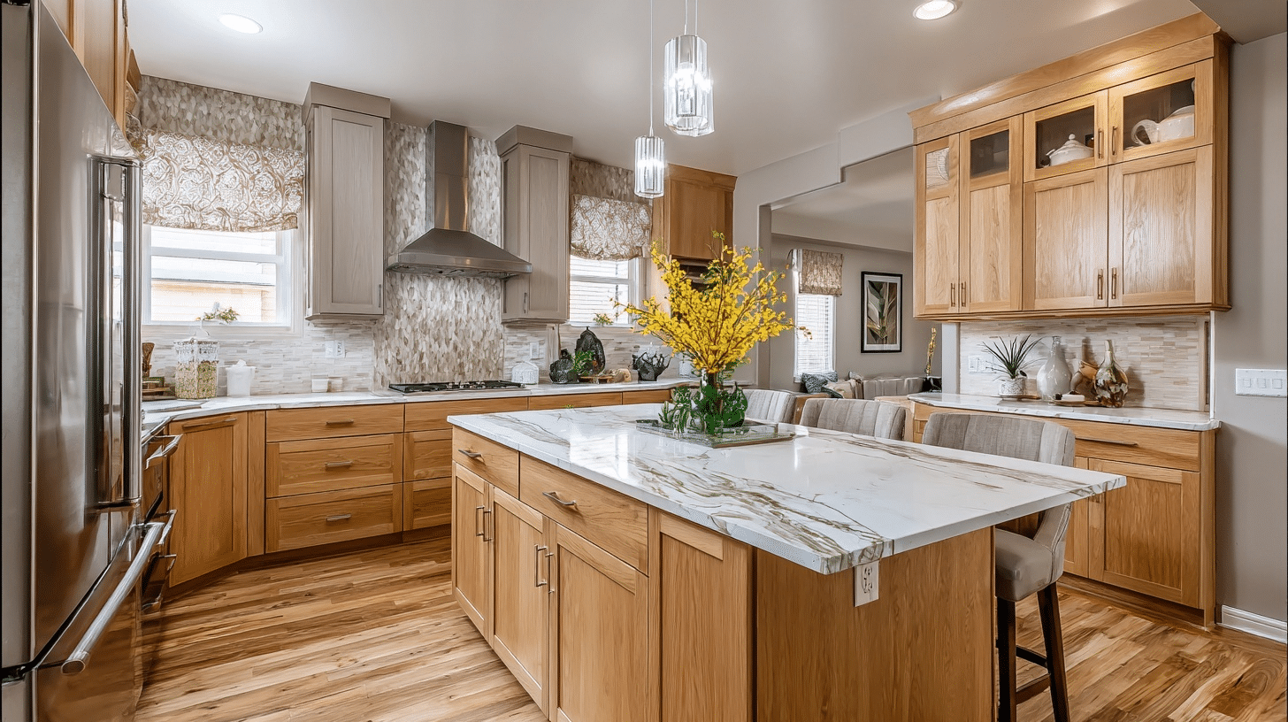 anew gray with honey oak cabinets