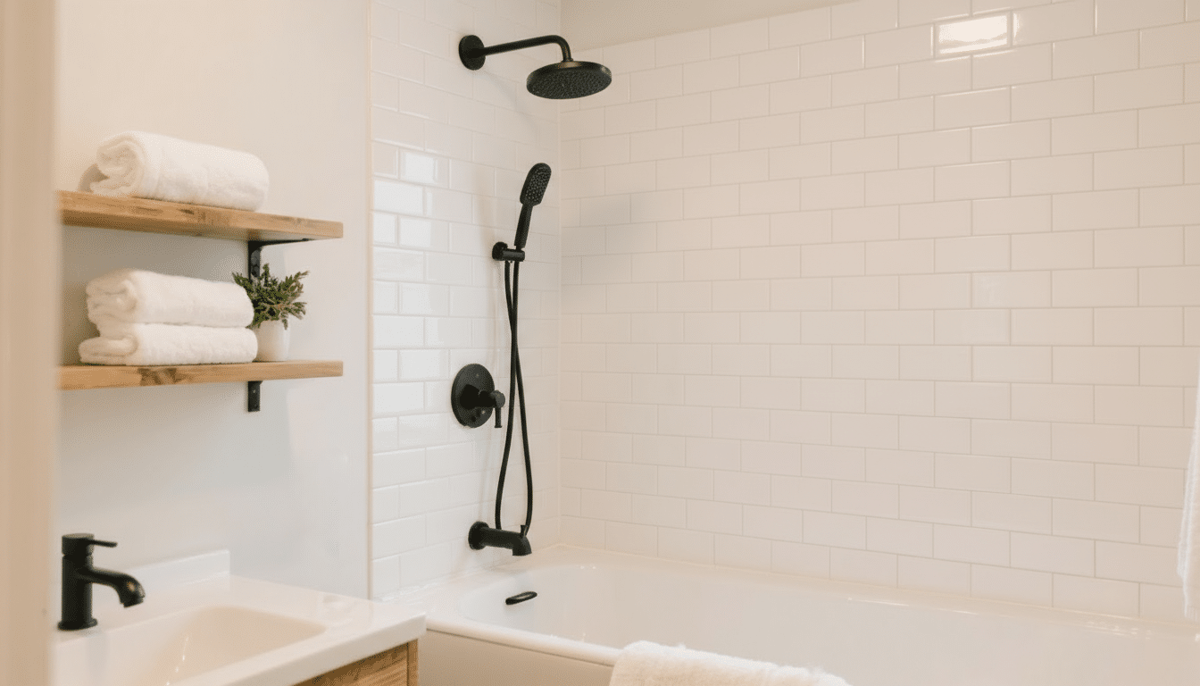 bathroom with tricorn black fixtures