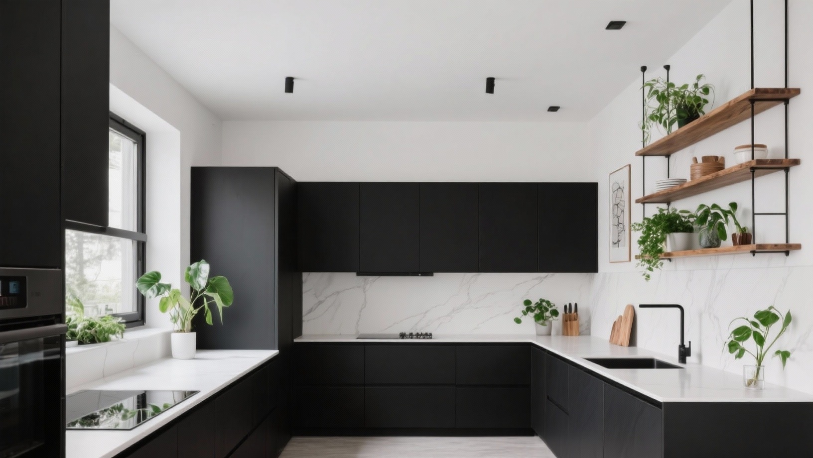 black and white with wood tones