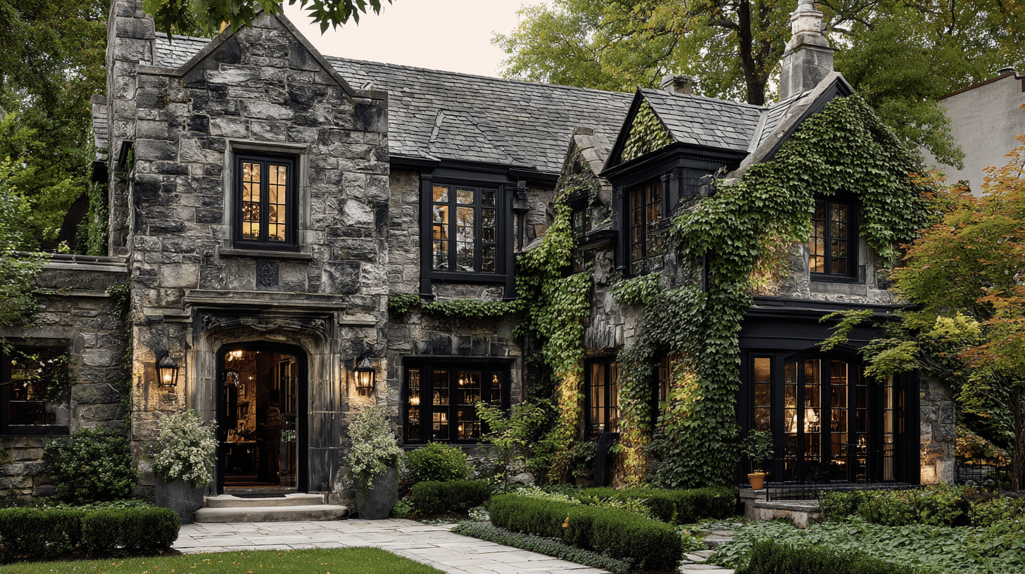 black windows on stone exteriors