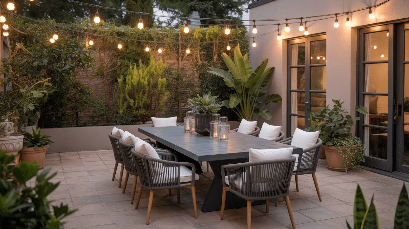 central dining table with surrounding chairs
