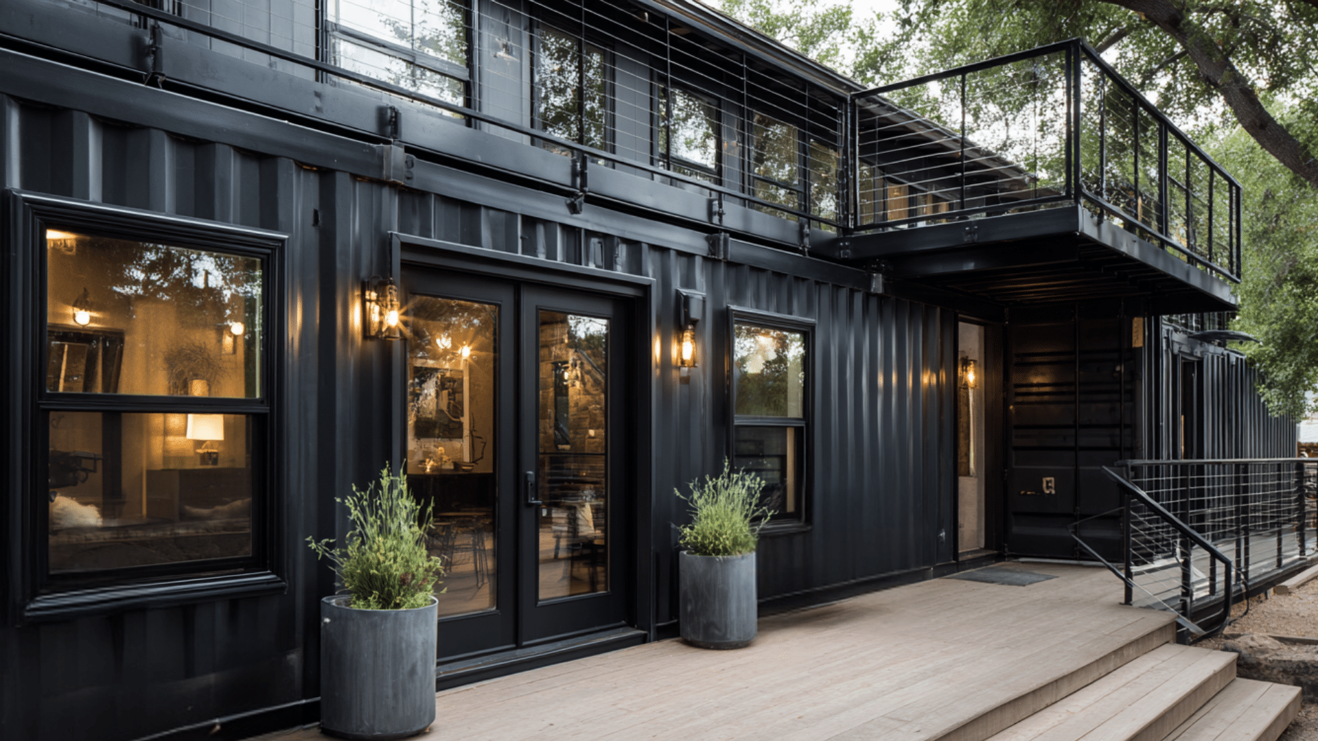 container home with black window frames