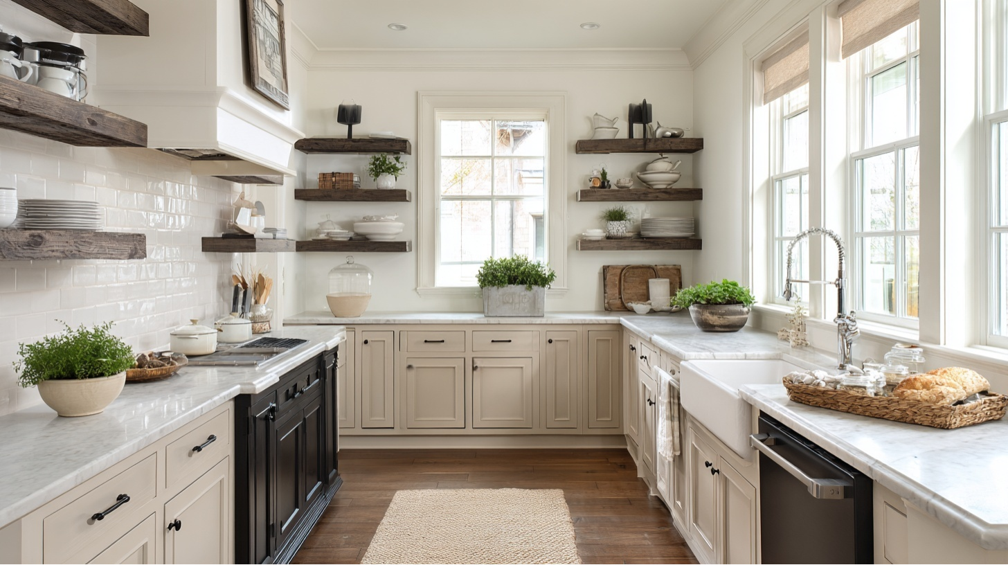 kitchen with accessible beige cabinets