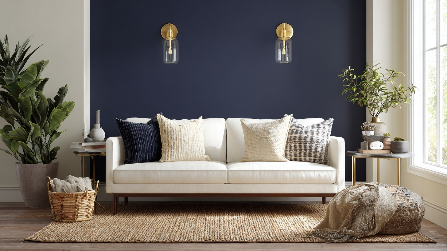 living room with navy accents