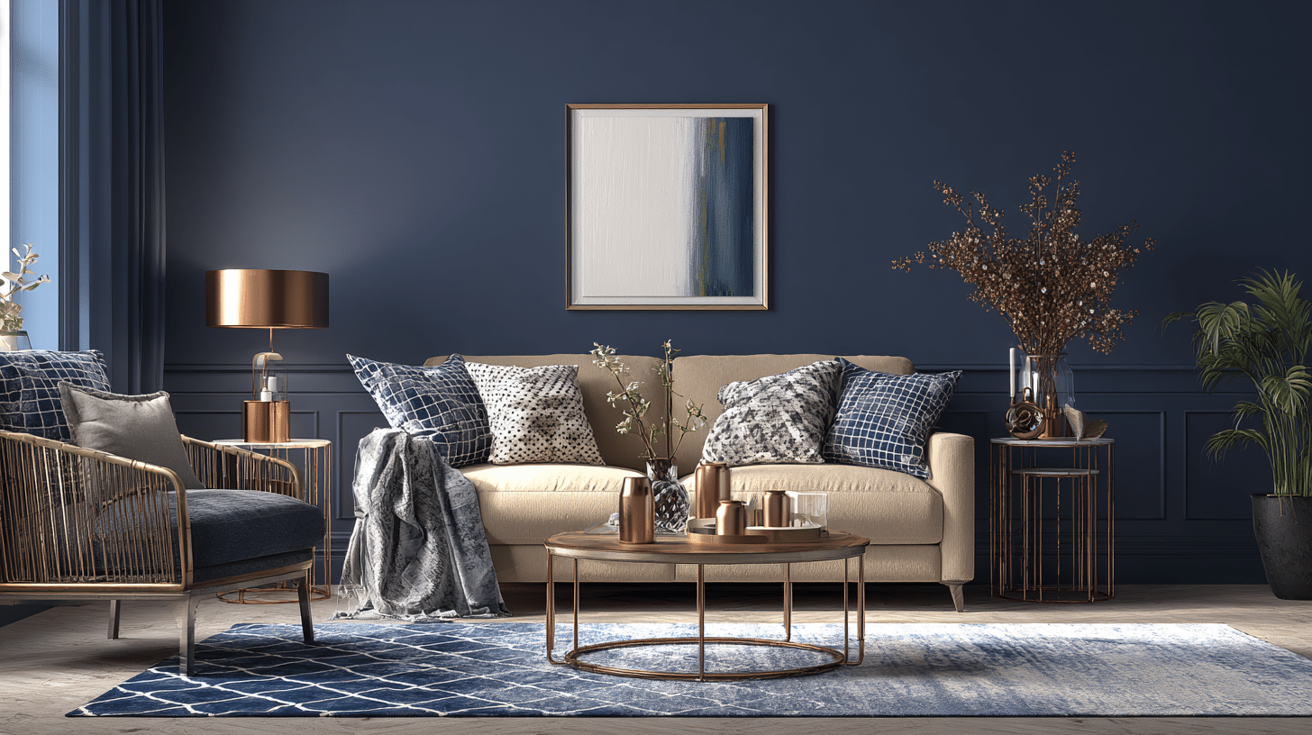 living room with navy walls