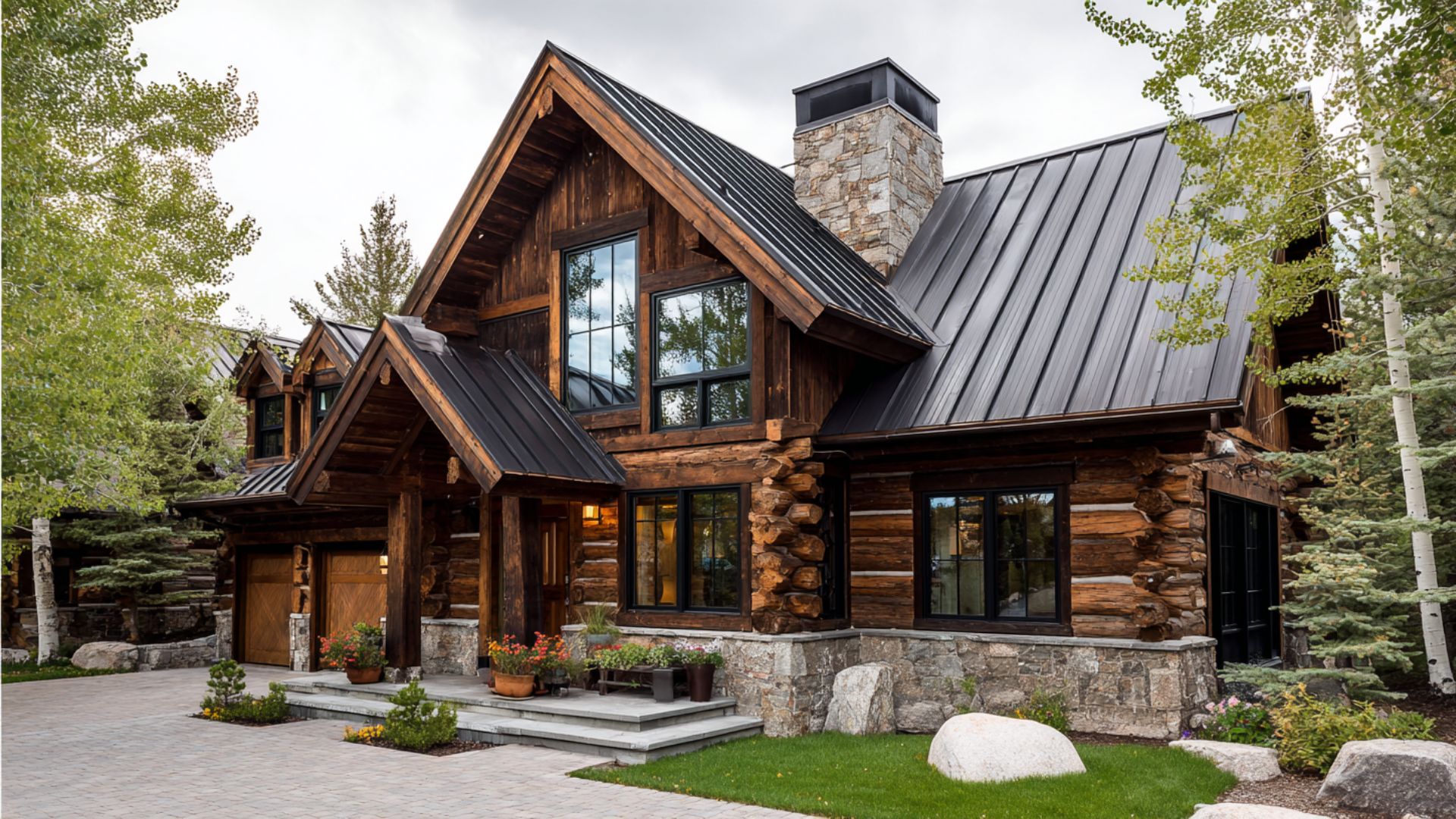 log cabin with black window frames