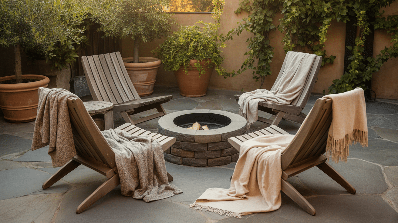lounge chairs circling a fire pit