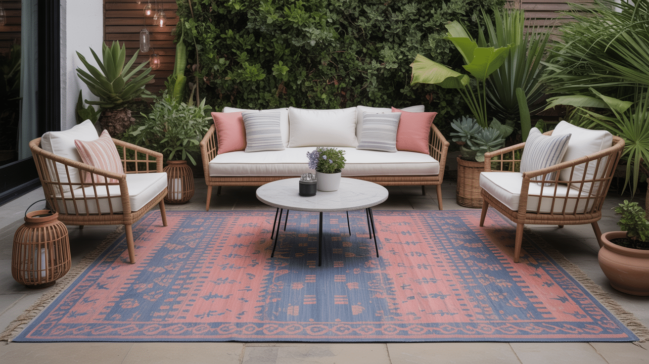 outdoor rug defining a cozy seating zone
