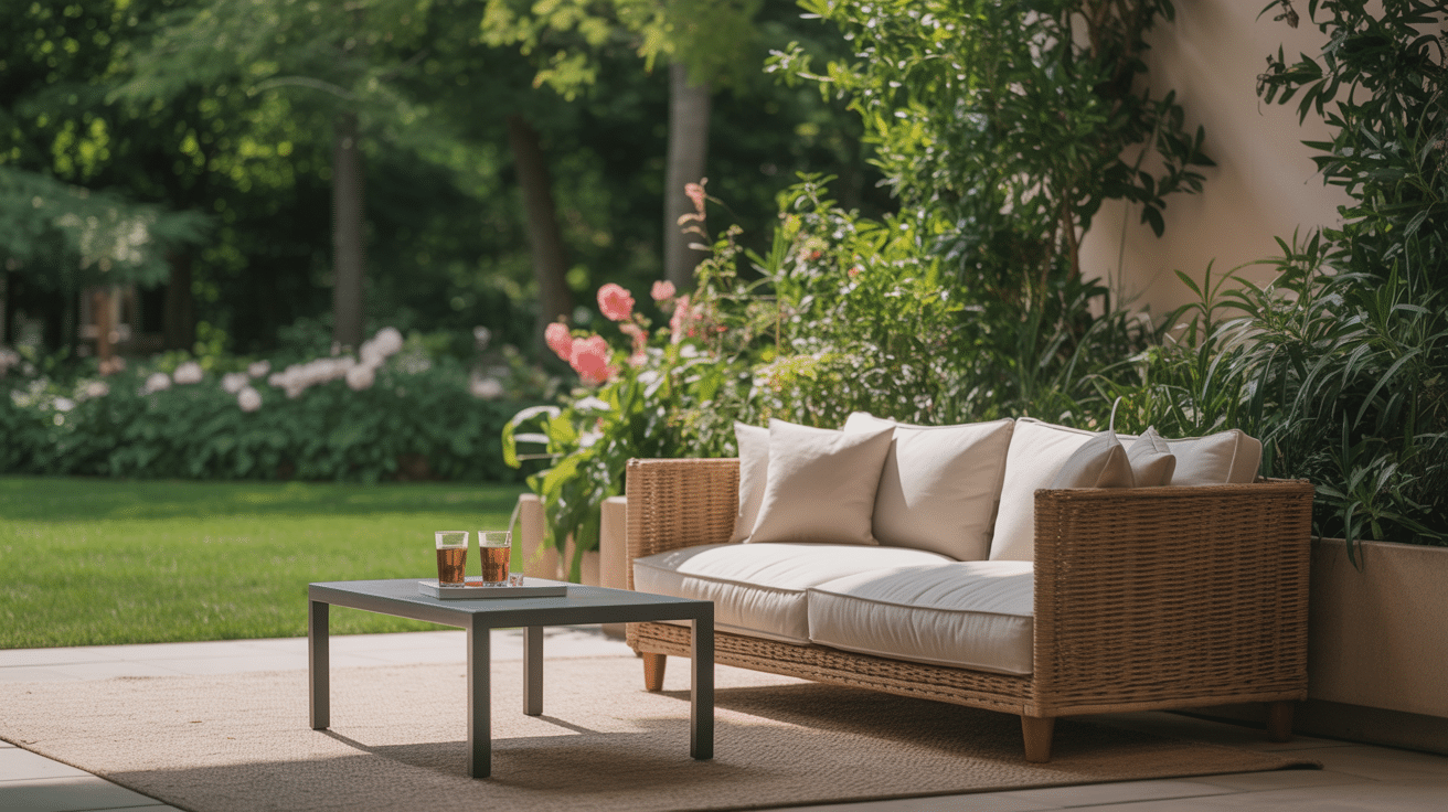 sofa facing a garden view