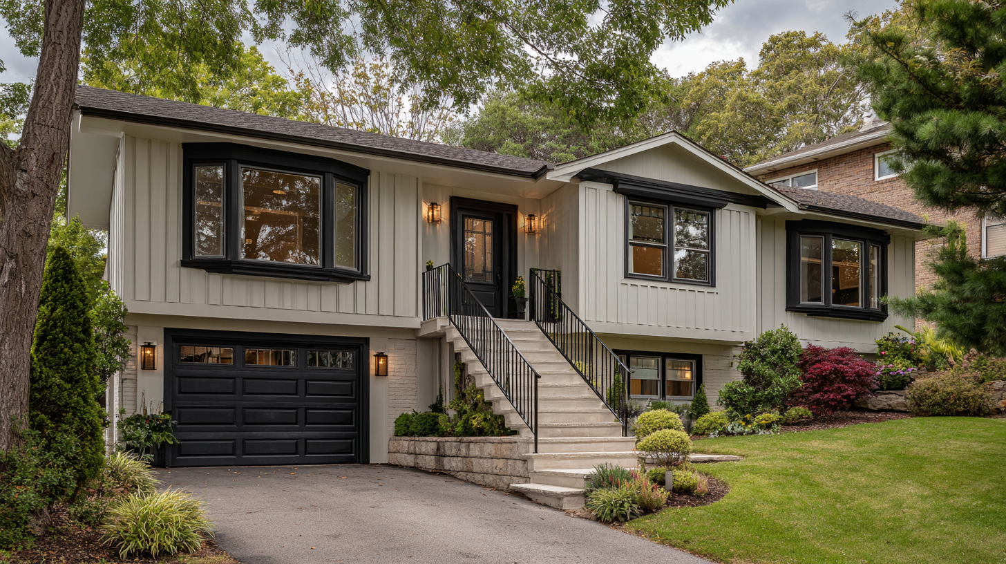 split level home with black windows