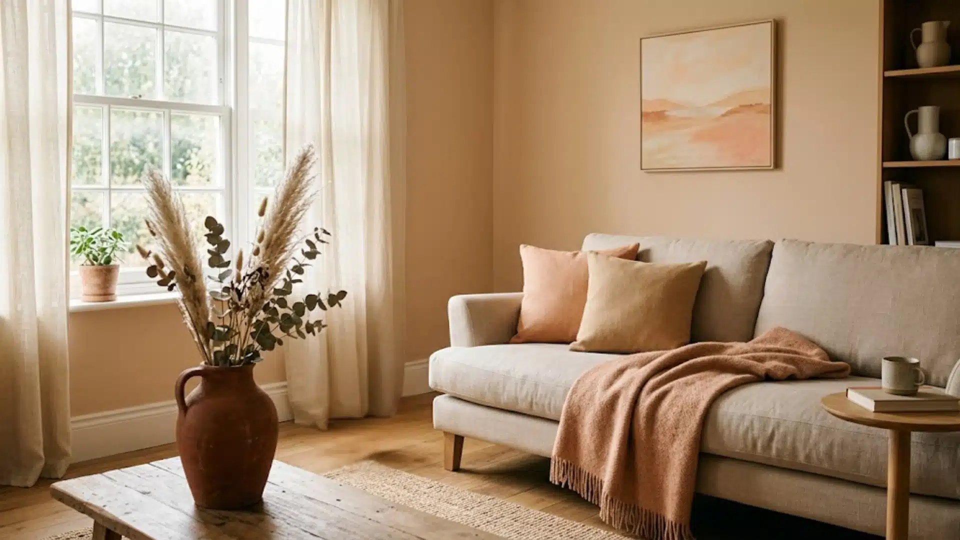 Warm living room with muted orange tone walls, beige sofa, terracotta vase, soft throw, and natural light.