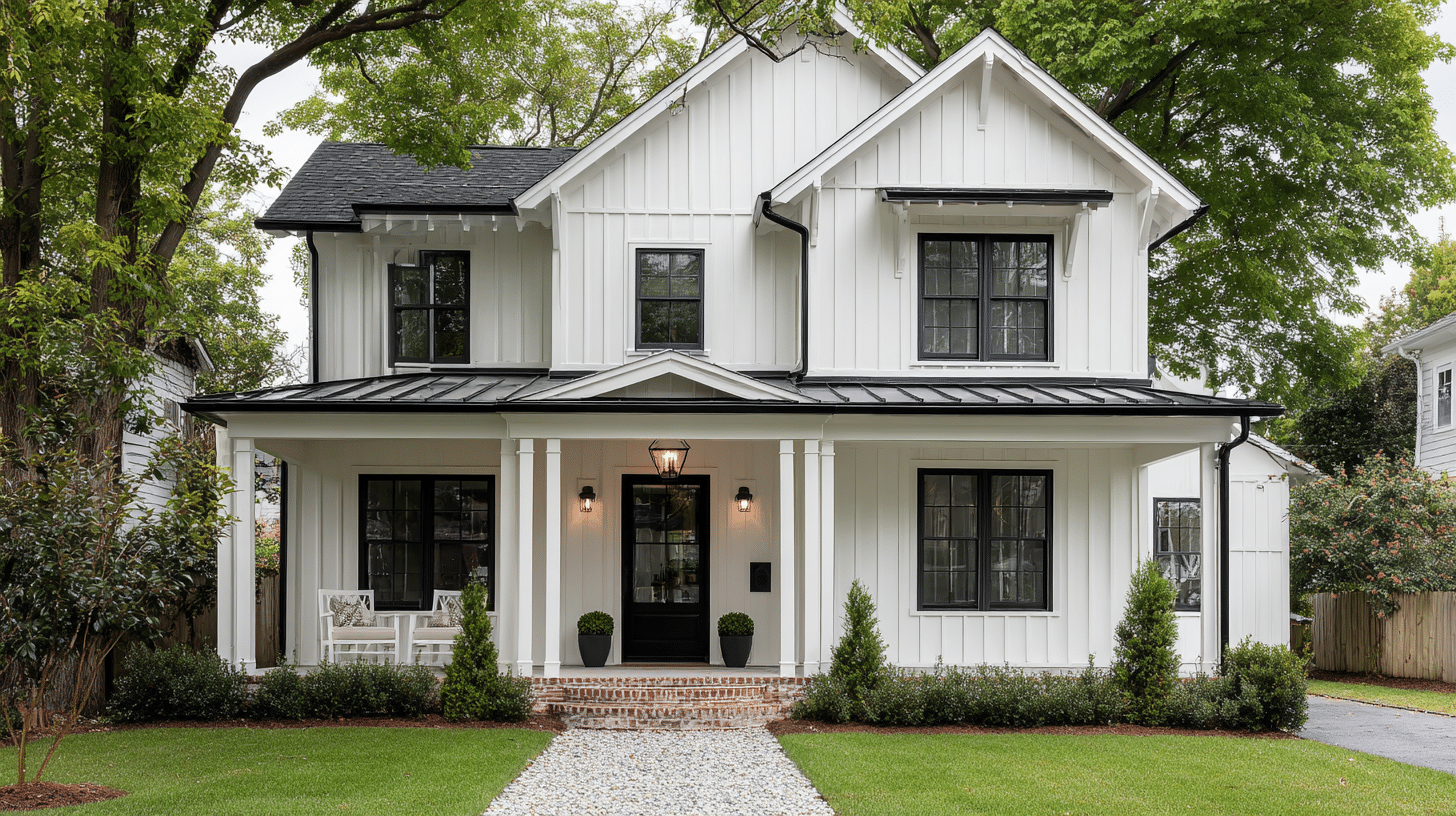 white farmhouse with black window trim