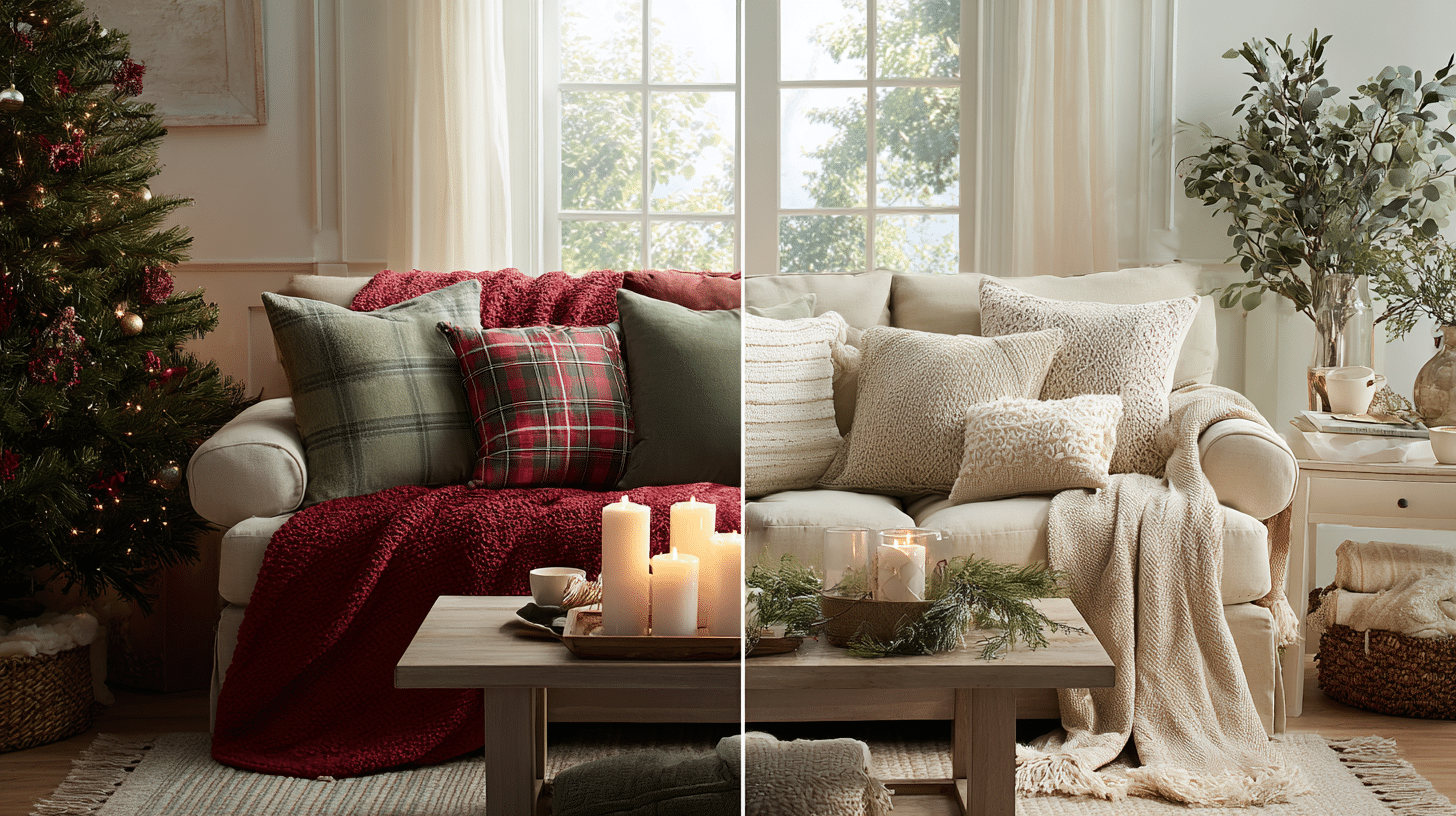 1 swap bright holiday colors for soft neutrals