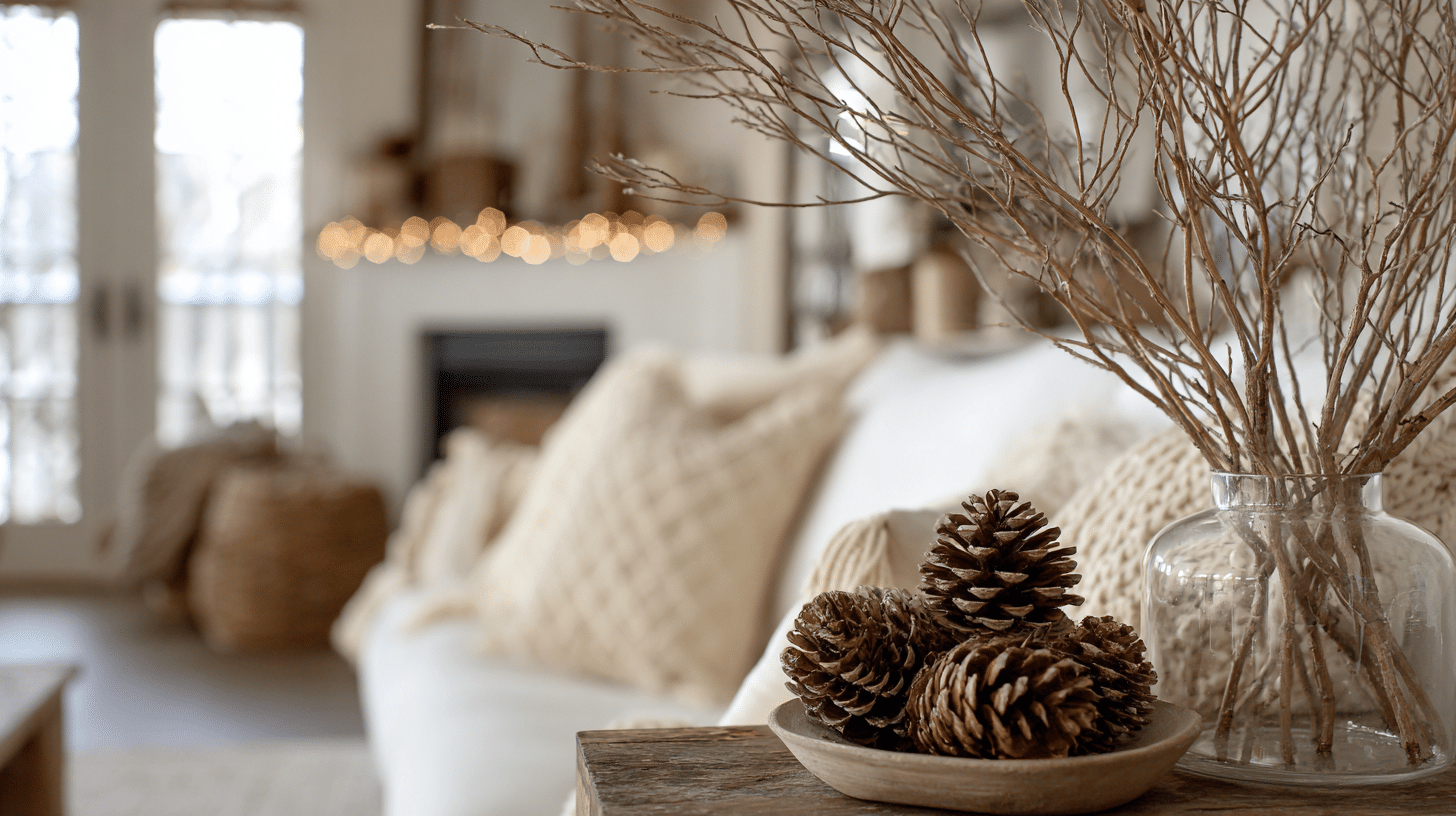 9 display pinecones or bare branches in vases