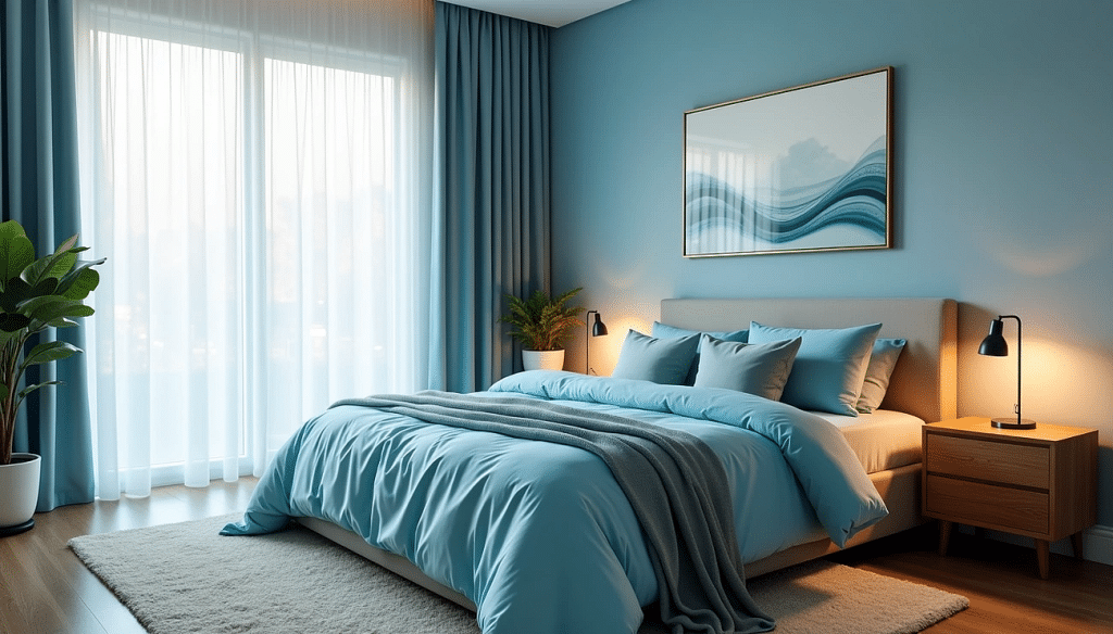 A bed with blue bedding and a painting above it AI-generated content may be incorrect.