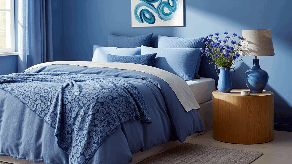 A blue bed with blue bedding and flowers in a vase
AI-generated content may be incorrect.