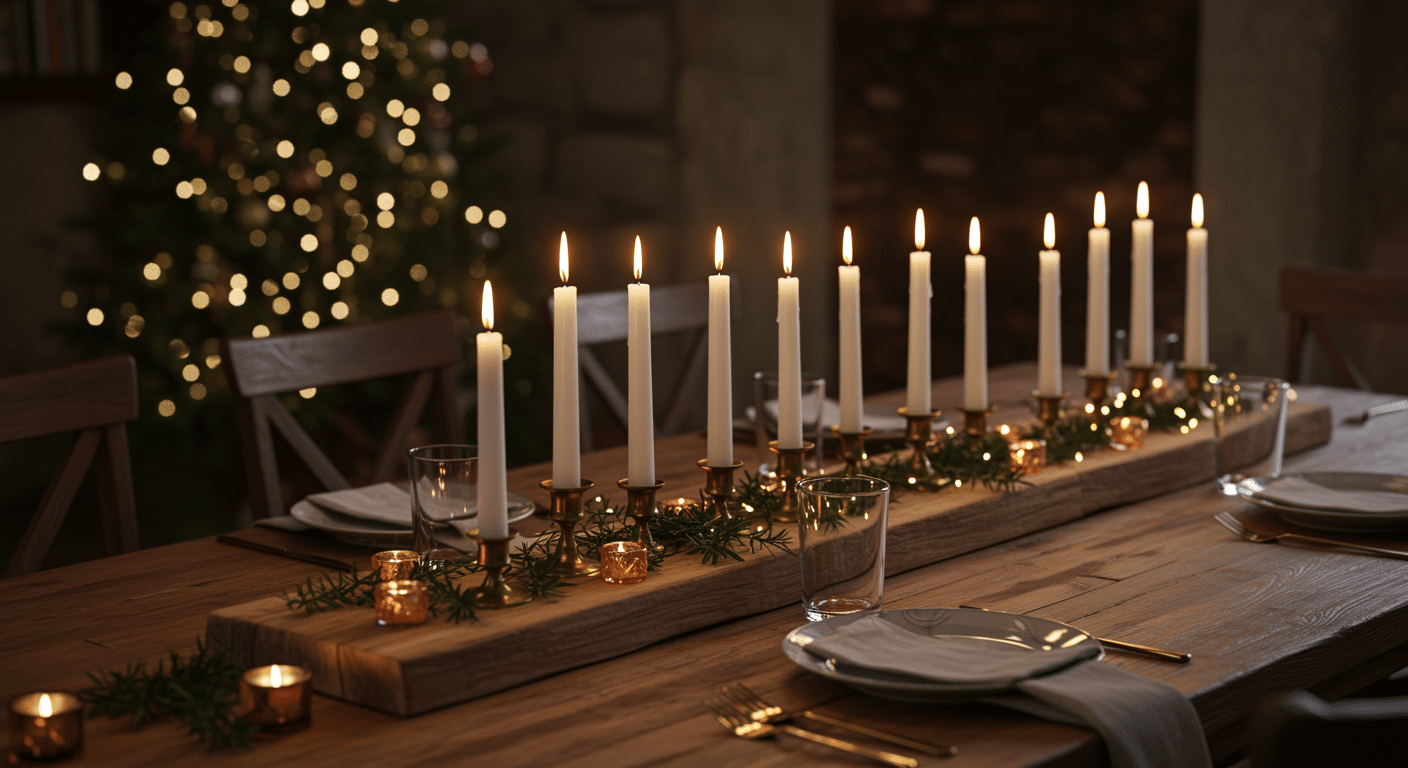 bare wooden board with white candles