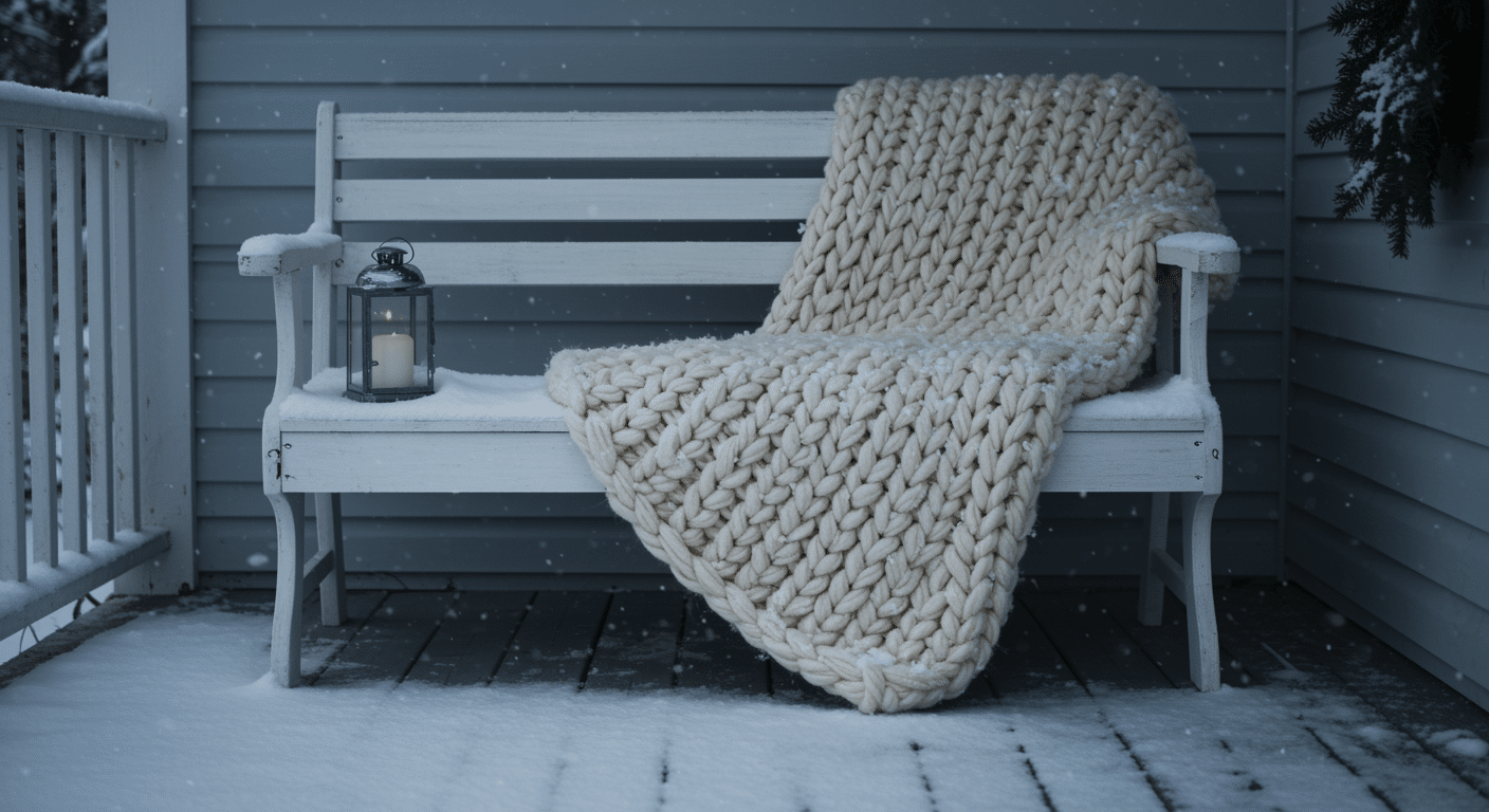 draped wool blanket on porch bench