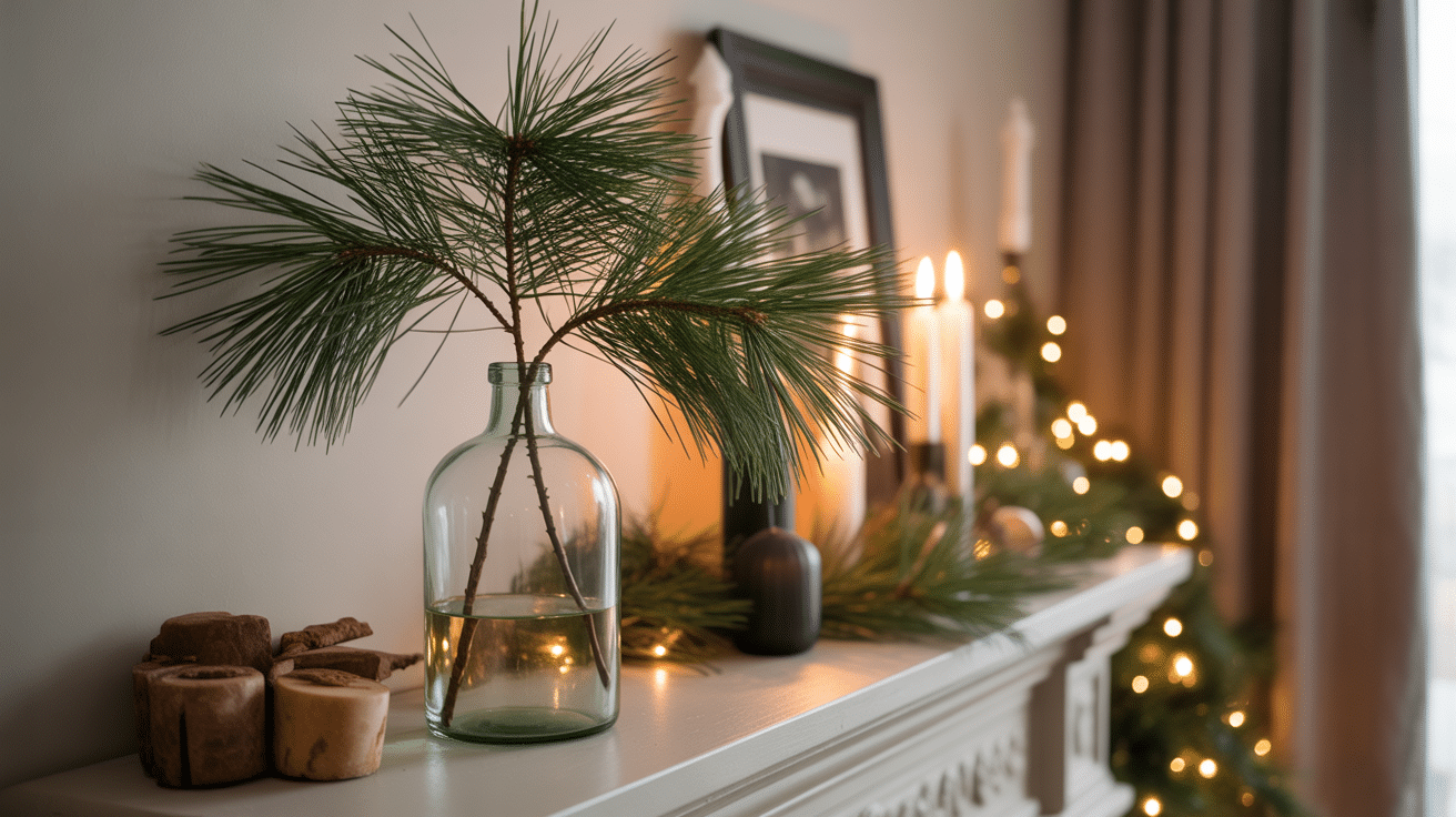 fresh pine branches in glass bottles