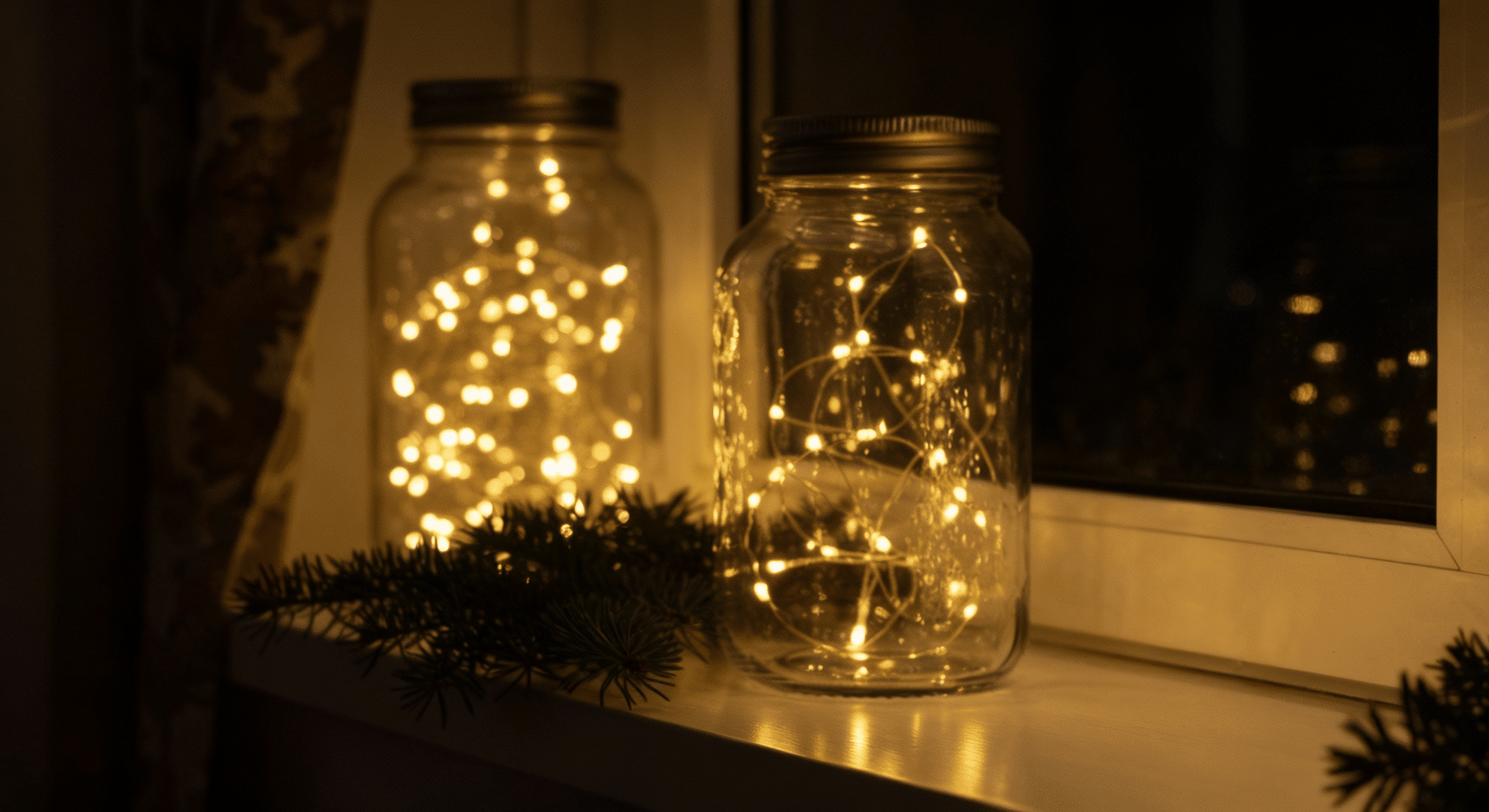 string lights in glass jars