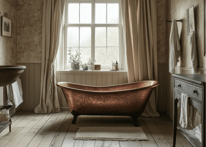 Cozy bathroom with copper bathtub